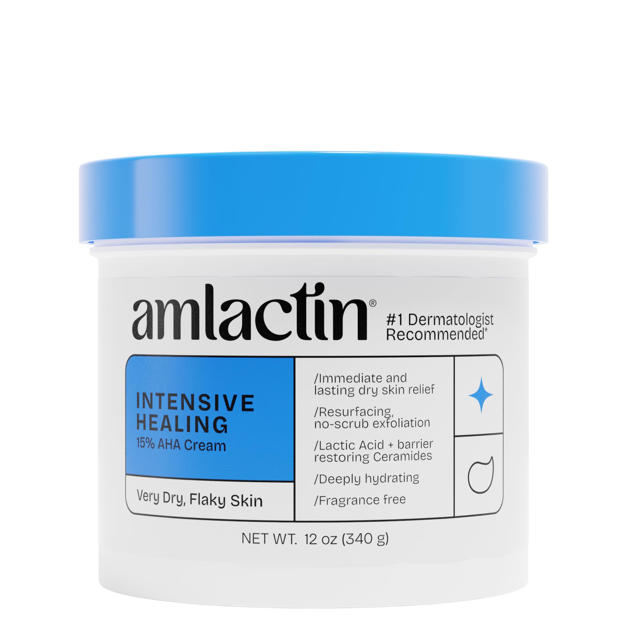 AmLactin Intensive Healing Body Cream – 12 oz Tub – 2-in-1 Exfoliator and Moisturizer for Dry Skin with 15% Lactic Acid and Ceramides for 24-Hour Moisturization