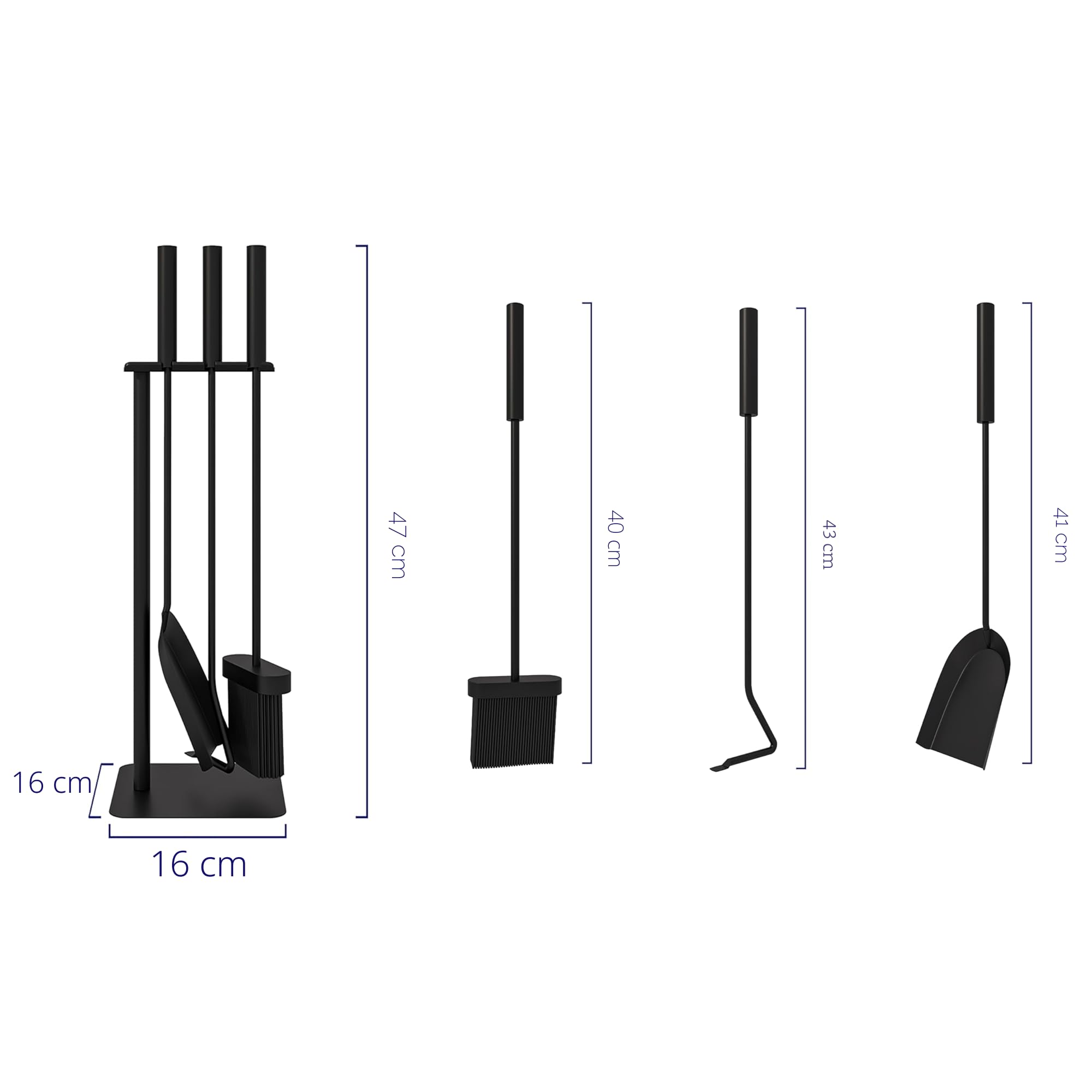 Kingson - Kit di accessori per camino, 4 pezzi, con spazzola, pala, attizzatoio e supporto, 16x16x45cm, accessori per bruciatori di legna, elegante set da focolare