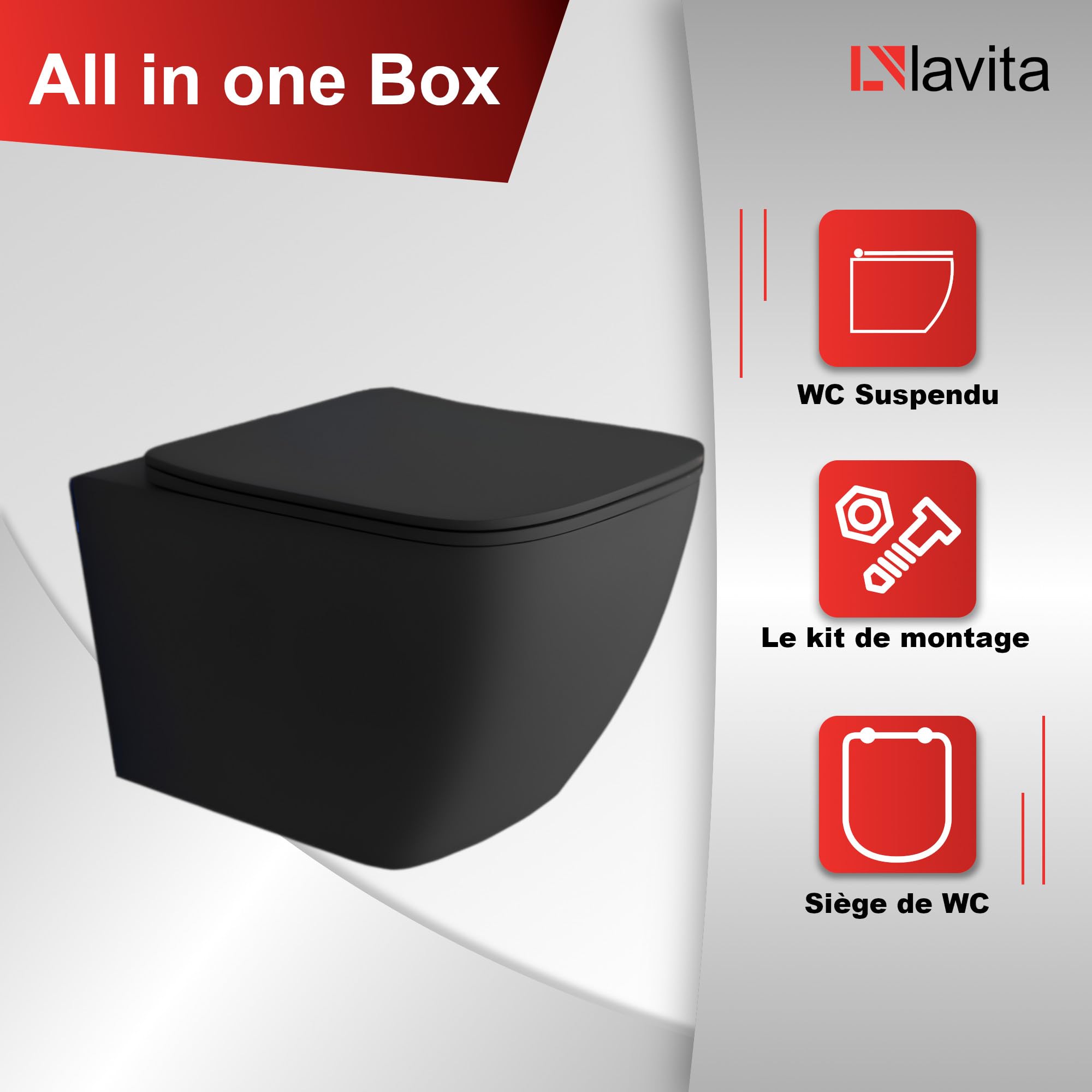 lavita WC Mural Suspendu avec abattant WC avec système d'abaissement Automatique et charnières métalliques, Cuvette Suspendue sans Bord, Noir Lago 340 x 485 x 370 mm, Noir