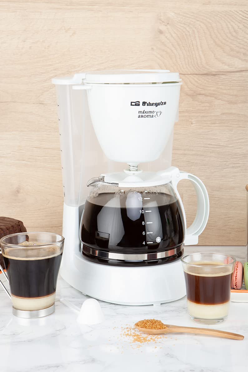 Orbegozo CG 4050 B - Cafetera de goteo, 12 tazas de capacidad, sistema antigoteo, jarra de cristal, indicador luminoso, 750 W, color blanco
