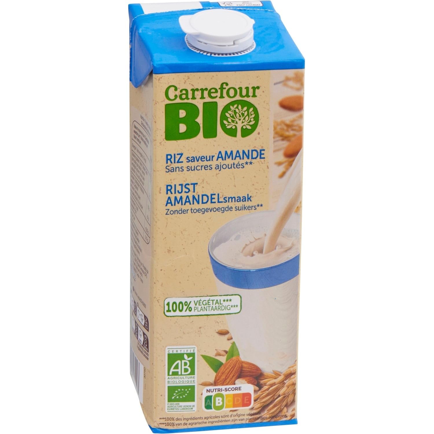 Sans sucres ajoutés pour un plaisir quotidien sain — CARREFOUR BIO Boisson Végétale Riz Amande, 1L - Lot de 4