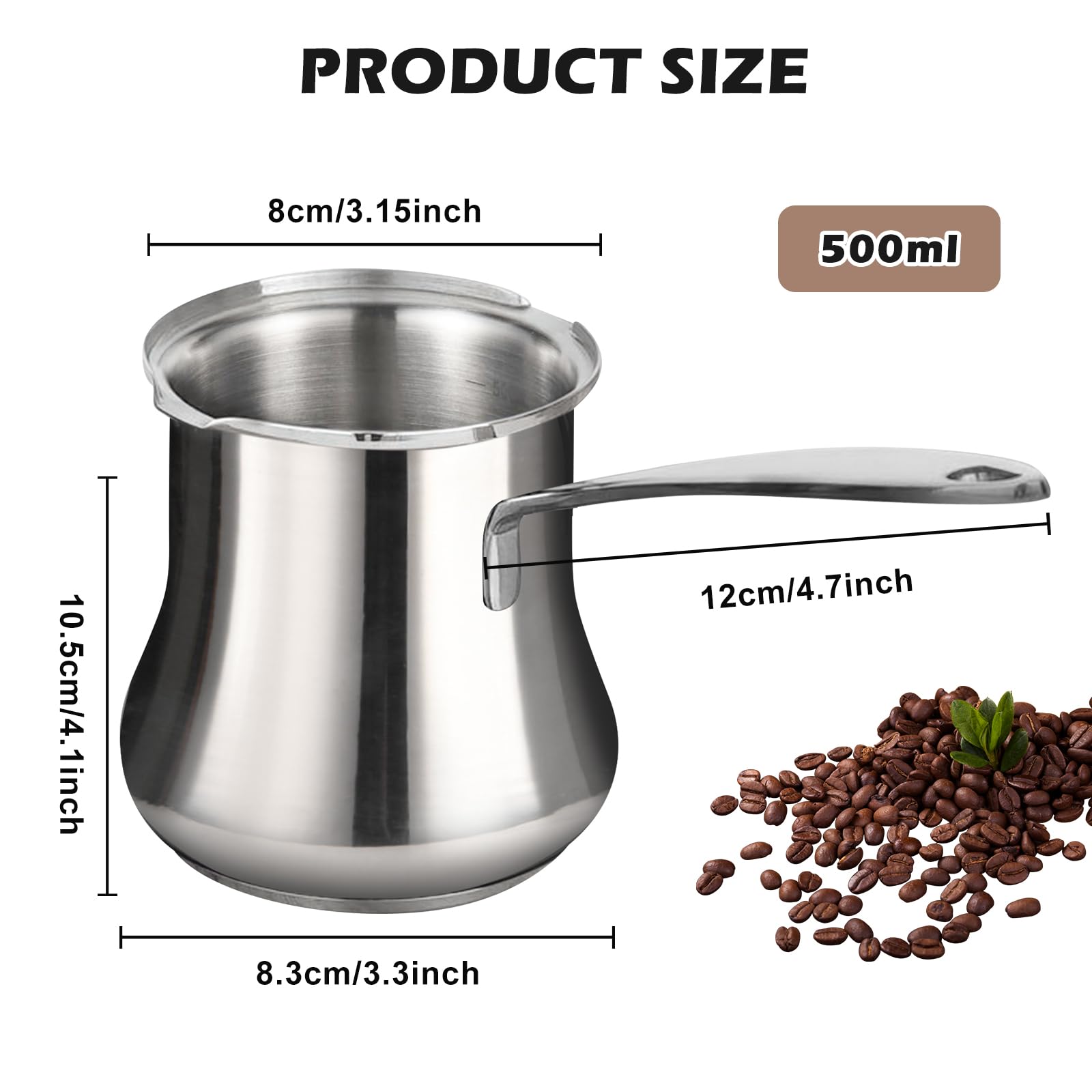 Türkische Kaffeekanne, türkische Kaffeemaschine, 500 ml Milchkanne 304 Edelstahl, Türkische Wildlederwanne, arabische Wildlederwanne für Induktionsherd, Keramikkochfelder und offene Flamme