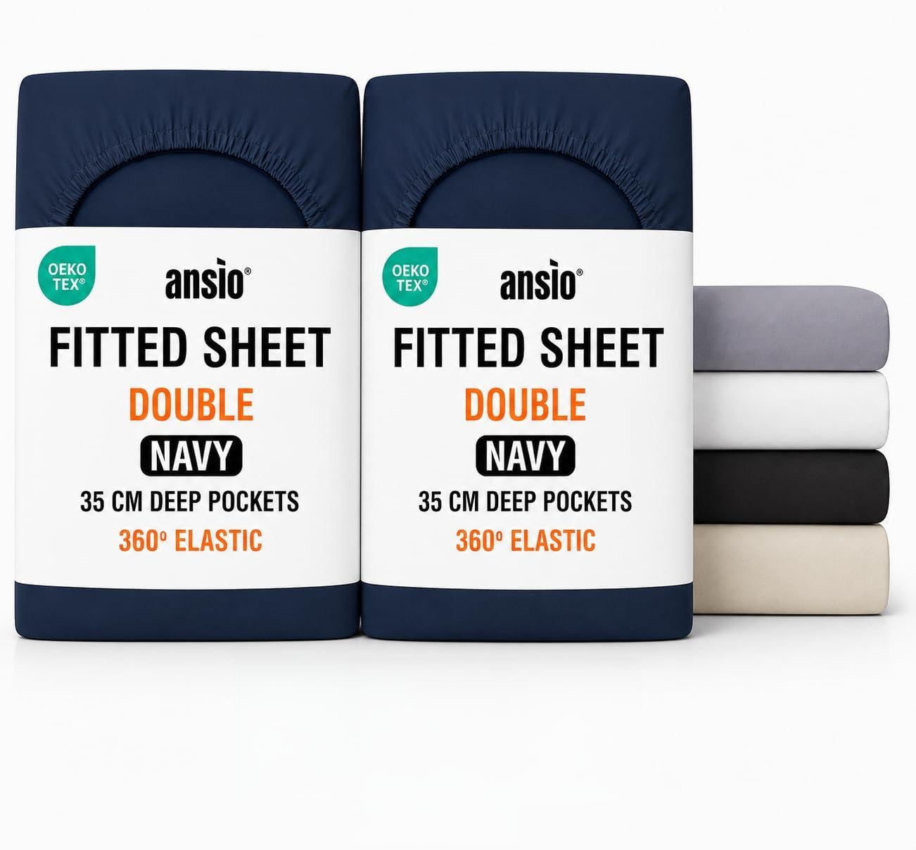 ANSIO® Double (2 Pack) Fitted Sheet Soft Brushed Microfibre Fabric – Extra Deep Pocket 35cm – All-Around Elastic – OEKO-TEX Certified – Easy Care & Naturally Smooth After Wash - Navy