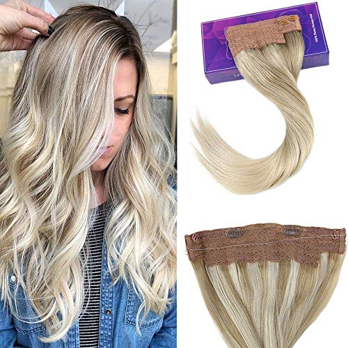 LaaVoo 12" Adjustable Invisible Wire Halo Hair Extensions Balayage Ash Blonde to Light Blonde and Platinum Blonde Flip Remy Human Hair Extensions 80 Grams 11" Width (#18/24/60)