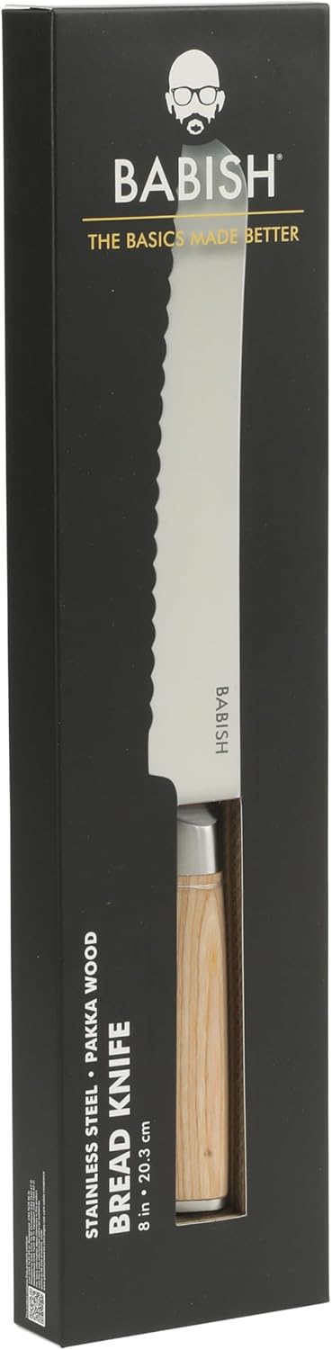 Babish 8-Inch Bread Knife – High-Carbon 1.4116 German Steel Serrated Knife with Light Pakka Wood Handle, Full-Tang Razor Sharp Kitchen Knife for Slicing Bread, Crusting & Artisan Loaves