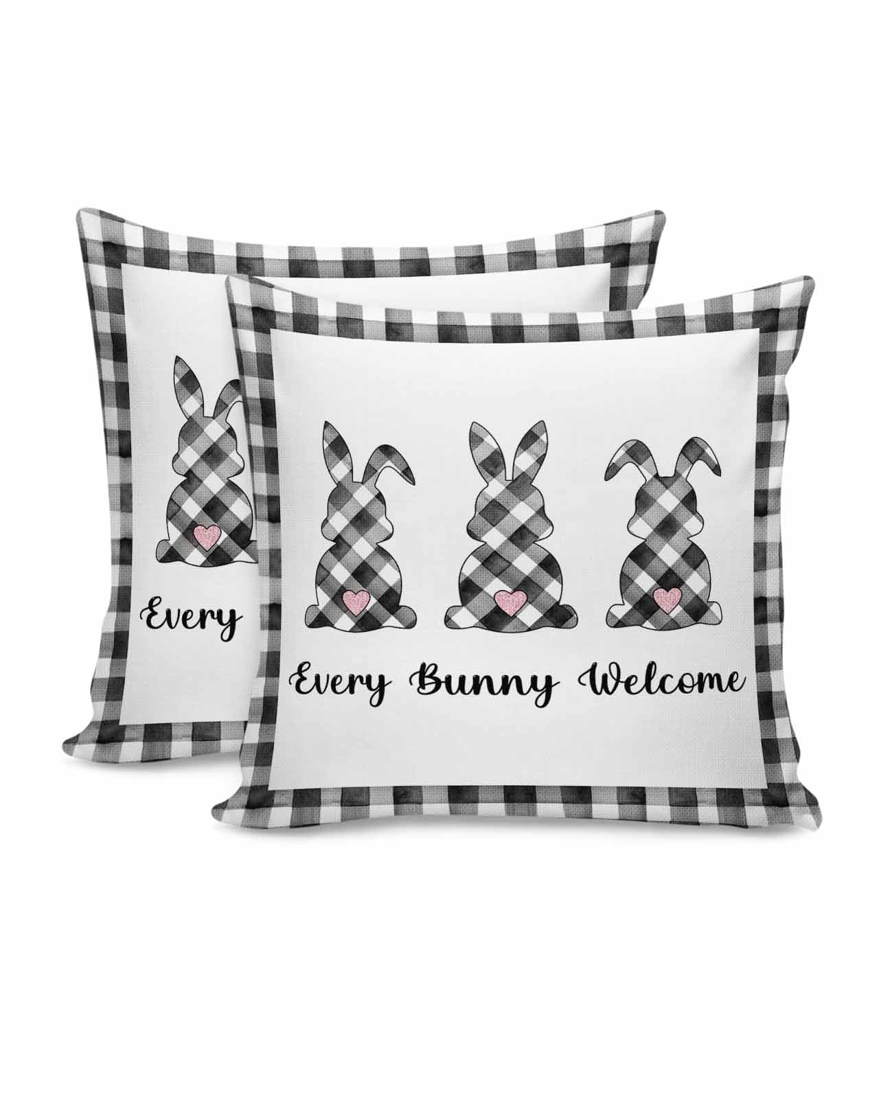 JasmineM Easter Buffalo Plaid Bunny Pillow Covers 18x18 inch Set of 2, Black White Decorations Outdoor Throw Pillow Covers, Cotton Linen Square