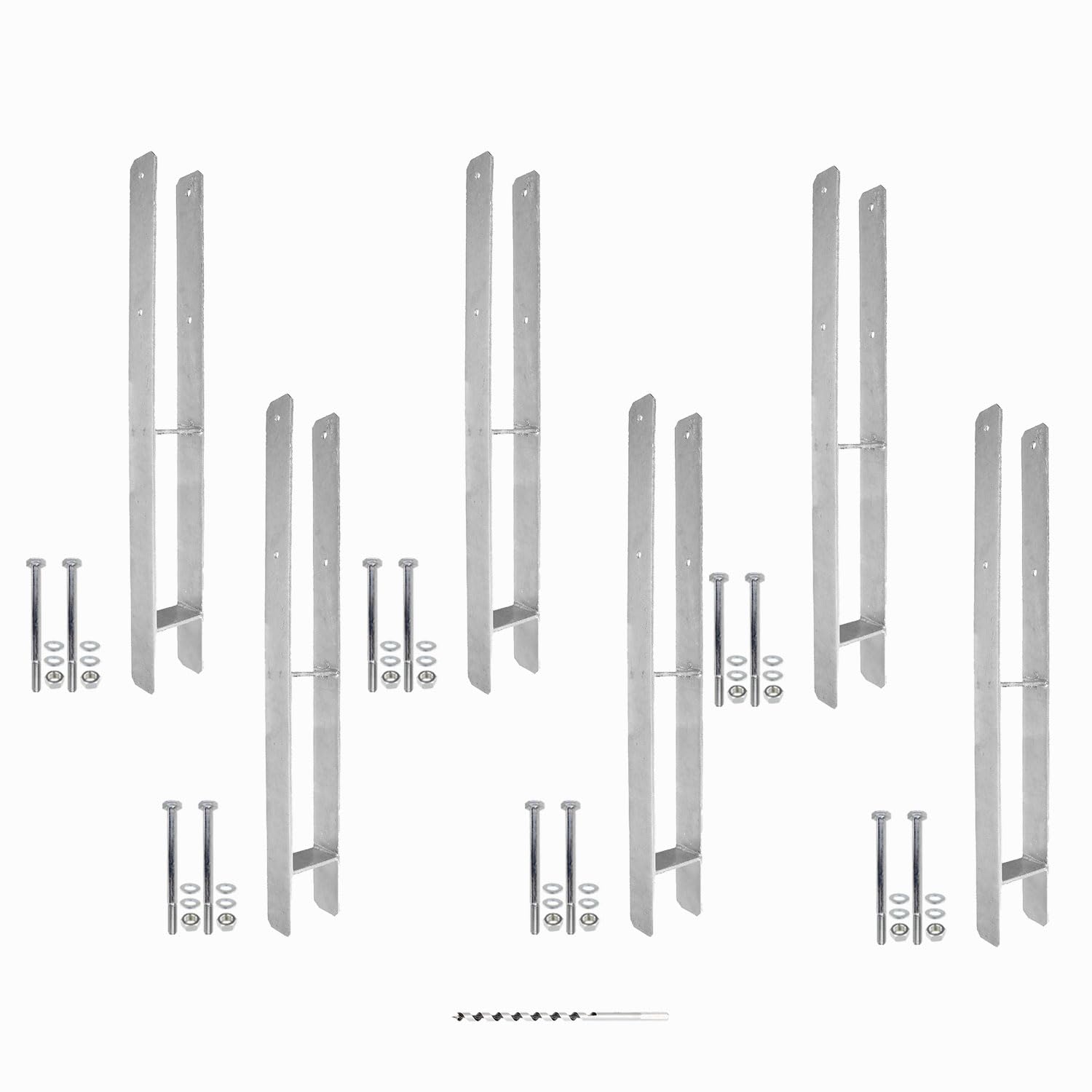 1 Set bestehend aus 6 H-Pfostenträger feuerverzinkt, extra lang, 6 mm / 800 mm für 120 mm Pfosten, inkl. Befestigungsset und Schlangenbohrer