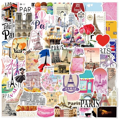 50 Stück Aufkleber wasserfeste Vintage Vinyl Stickers Sticker für Stamm Wasserflaschen Scrapbooking Laptops Handyhüllen Teenager-Mädchen Paris