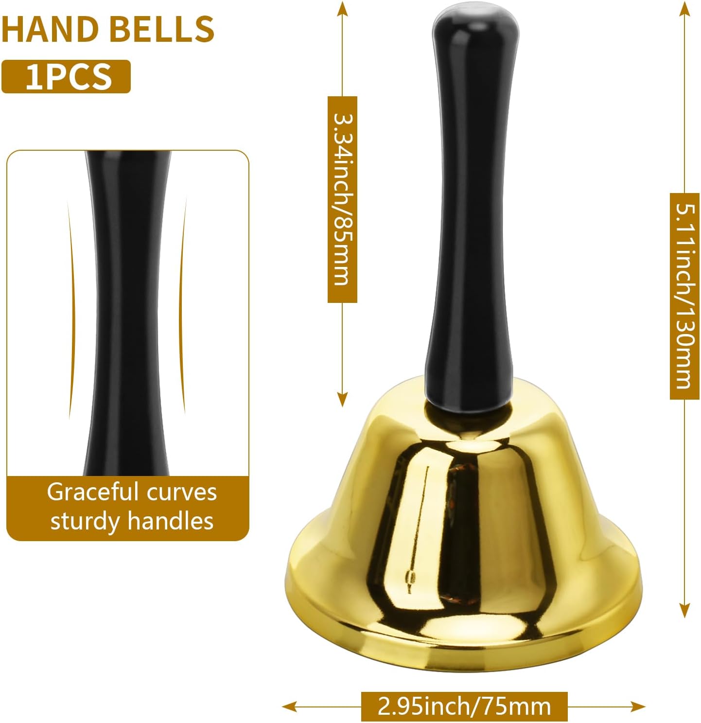 Gold Classic Dinner Bell Stainless Steel Hand Bell with Elegant Design Sound for Weddings Schools Restaurants and Events Bell for Attention Grabbing Service and Calls, Parties & Christmas (1, Gold)