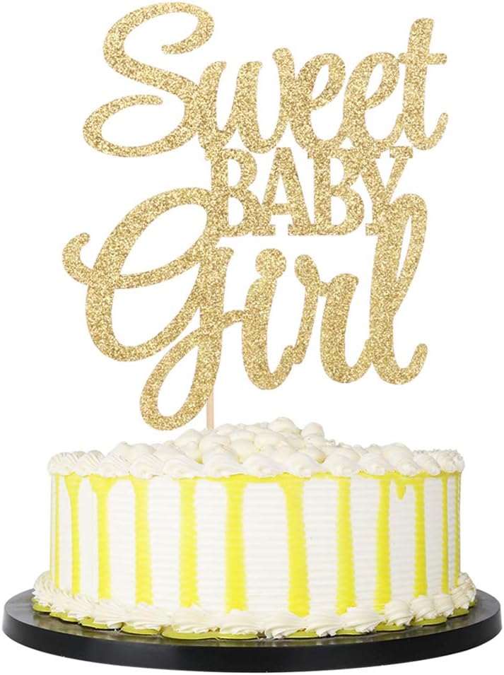 Sweet Baby Girl Cake Topper - Baby Shower or Newborn Gender Reveal Party Decorations (Golden)