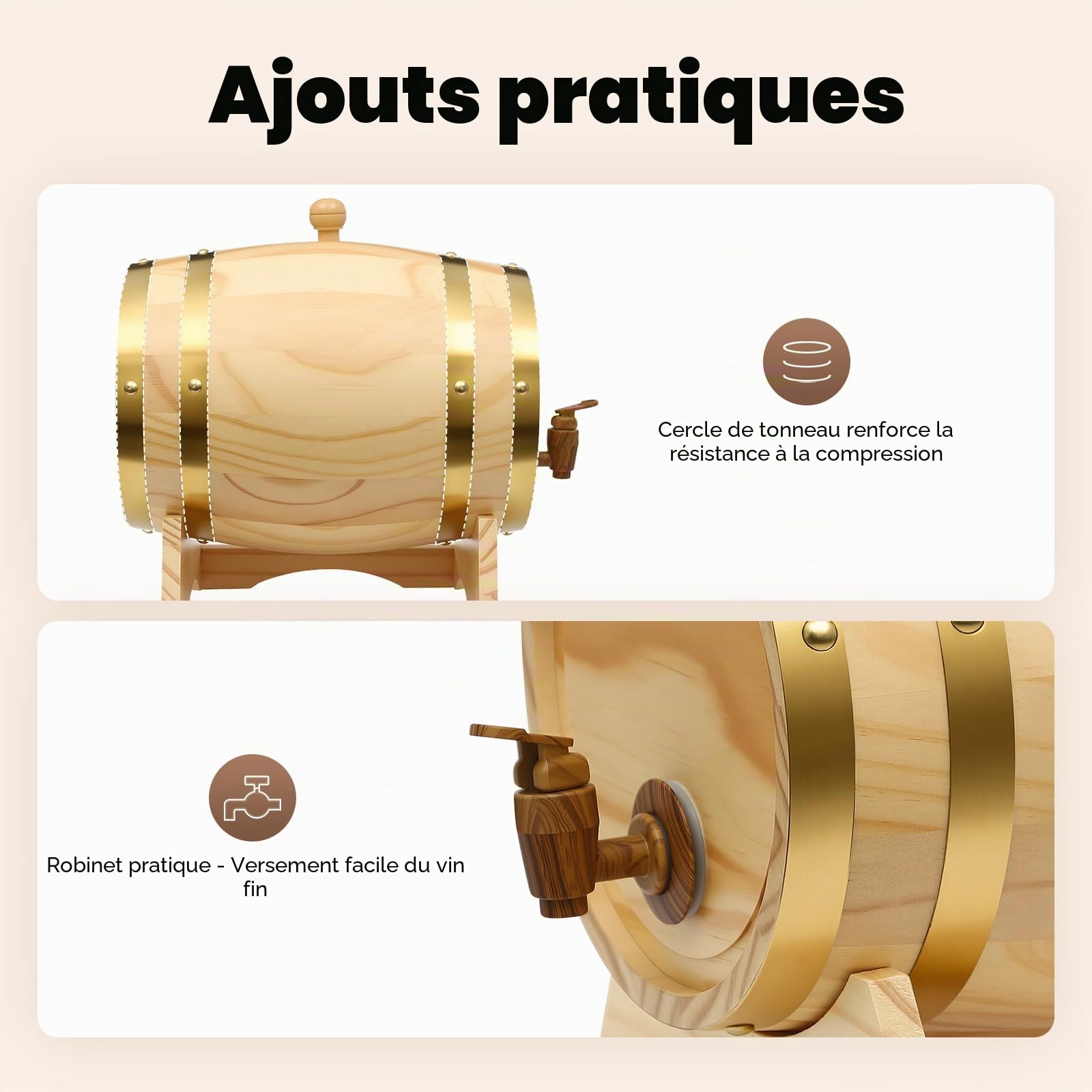 Tonneau à Vin en Bois Avec Robinet 5L Ovale Tonneau à Whisky Fontaine à Boisson Distributeur,Pour la Maison, Hôtel, Entreprise, Bar