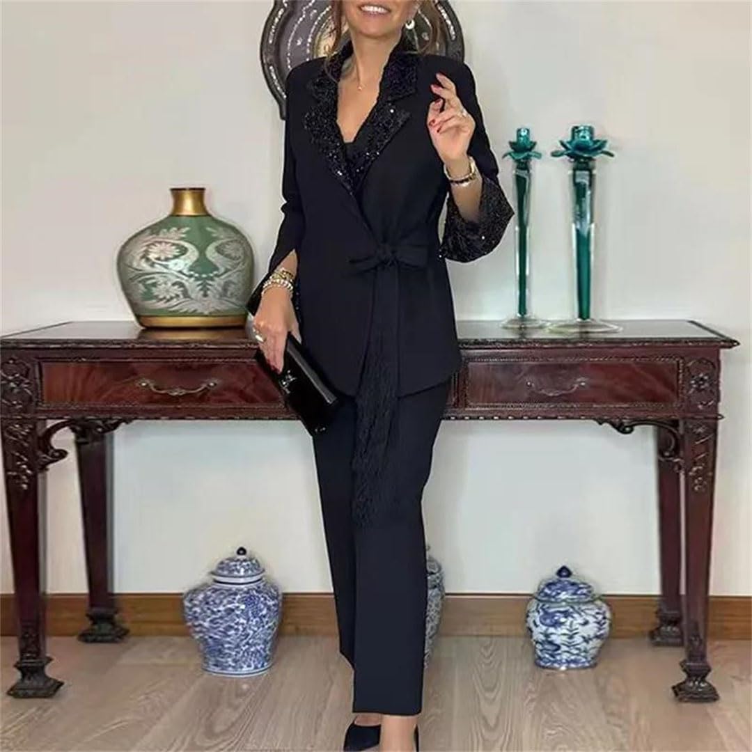 Women's Lapel Long Sleeved Jacket Pants Suit Elegant Solid Color Office Outfit Shining Sequin Patchwork Party Set