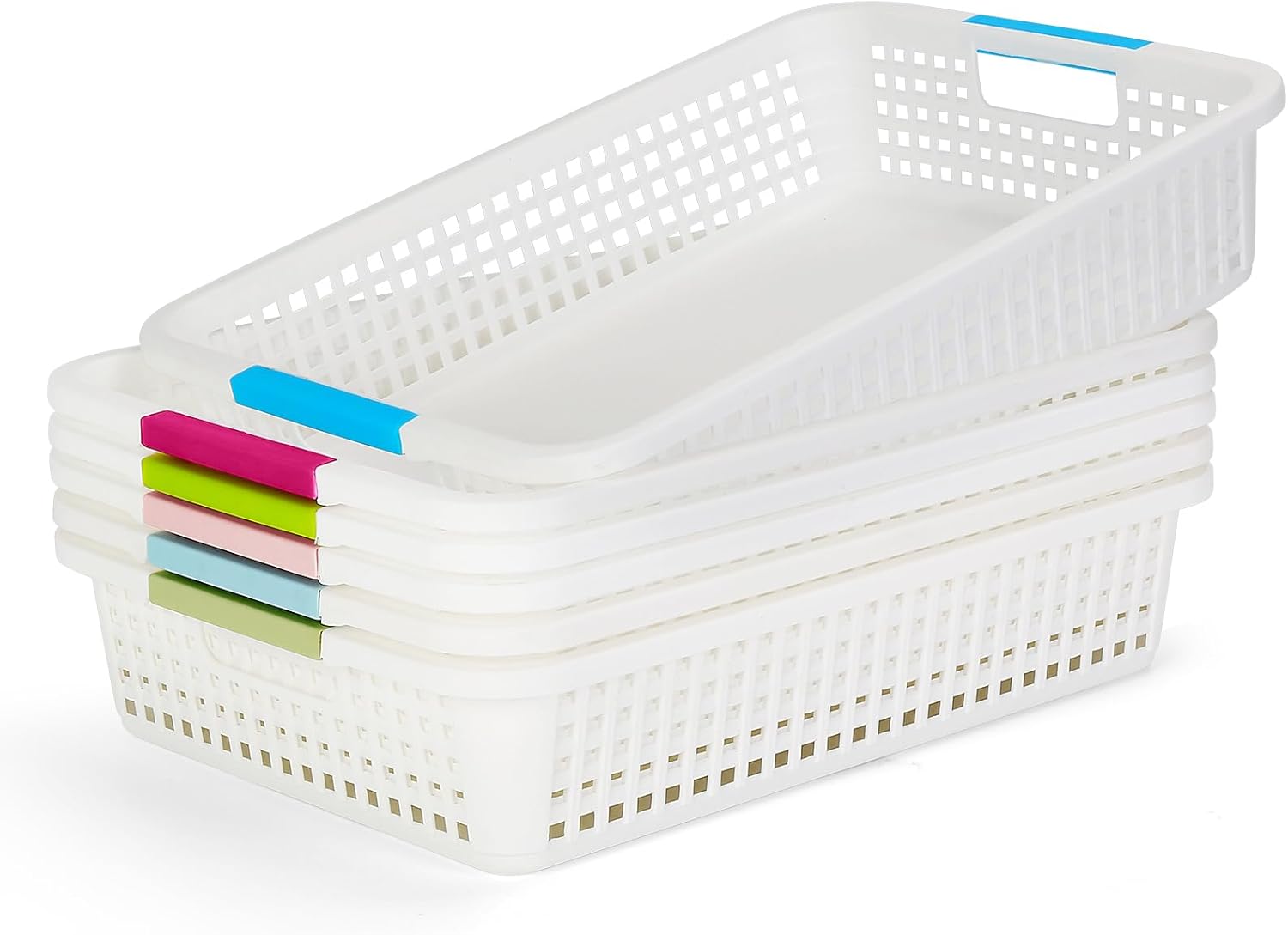 Carperipher 6 Pcs Colorful Plastic Classroom Storage Baskets 15" X 10" X 3",Desktop File Organizer Baskets,Paper Trays with Handle for Classroom, Drawers, Office, Home