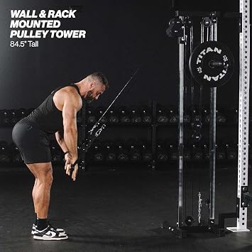 Titan Fitness 84.5 Tall Wall Mounted Pulley Tower, 350 LB Capacity Plate-Loaded Cable Machine, Adjustable Trolly Height, Standard & Olympic Plate Compatibility, Dual D-Handles Included