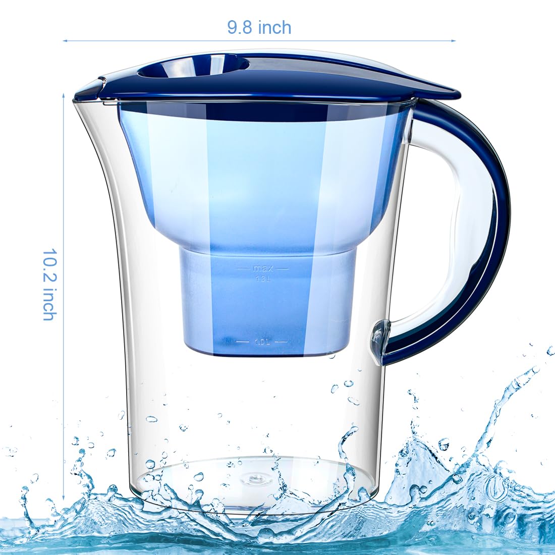 Water Filter Pitcher (2.5L) with 1 Standard Water Filter Cartridge for Reduction of Suspended Particles Heavy Metals Bacteria Fluoride Micro Plastics Chlorine Limescale and Impurities Blue
