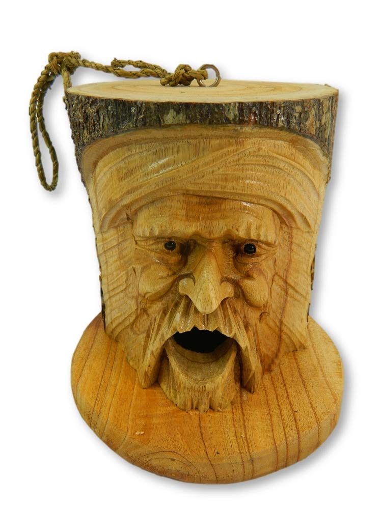 Green Man Bird House H21cm - Hand-Carved Wooden Nesting Box for Small Birds - Unique Hanging Garden Tree Decor - Sustainable Gift Inspired by Old Man of the Woods & Hern the Hunter