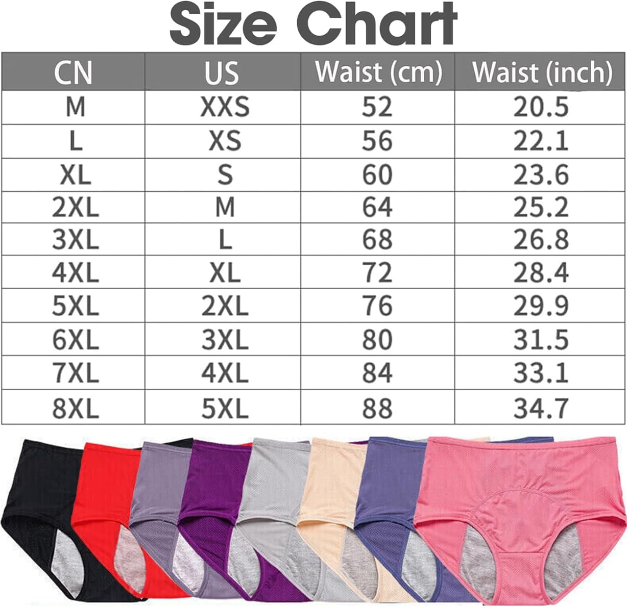 Fluxe Inkontinenzunterwäsche für Damen, Fluxe auslaufsichere Unterwäsche, Inkontinenzhöschen, Schutzunterwäsche, wiederverwendbar und waschbar, 8 Stück, Größe XL