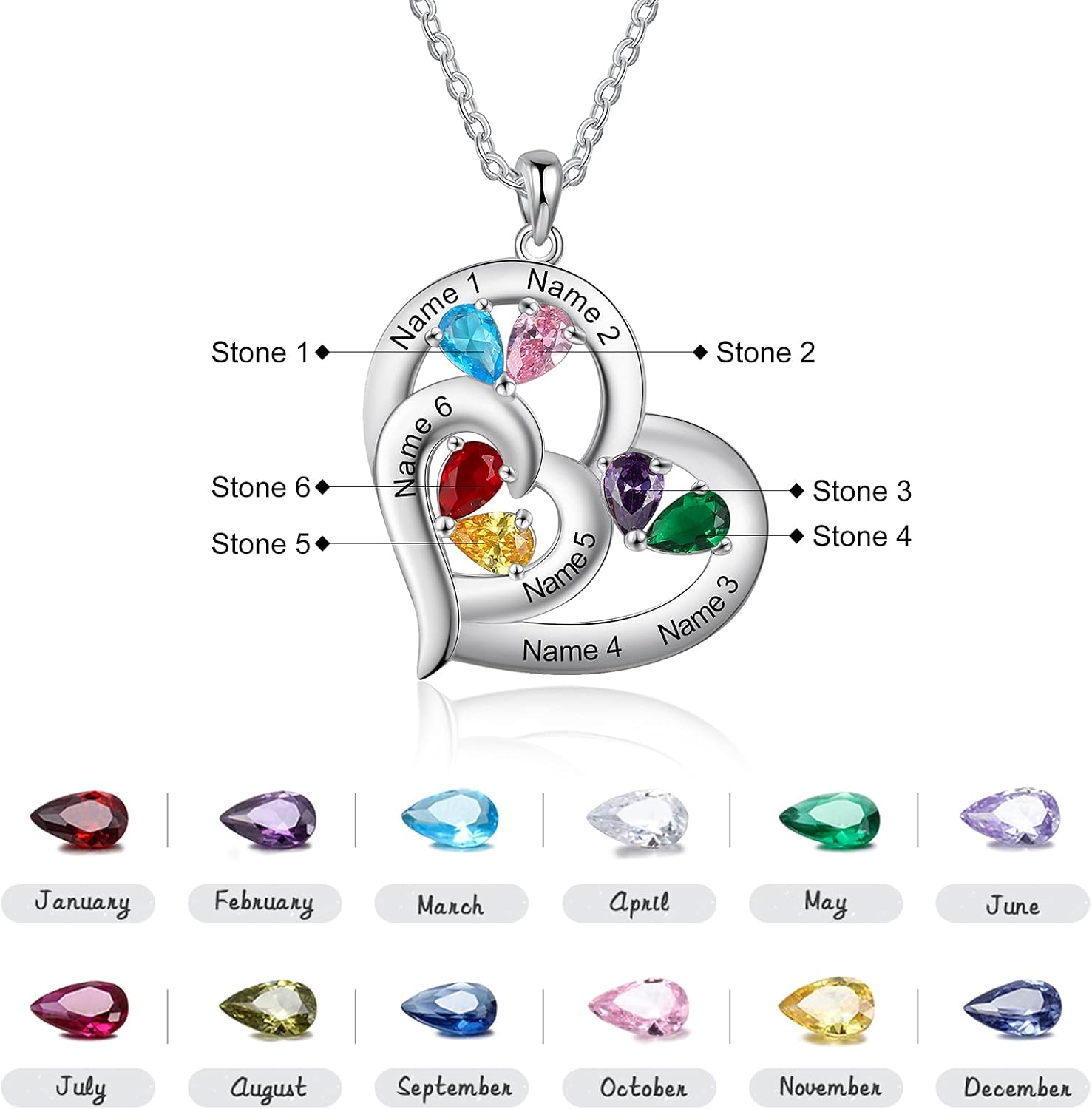 Custom Name Mothers Necklace with Birthstone, 925 Sterling Silver Customized Mom Heart Pendant Mothers Day Christmas Gifts for Women Wife Mom Grandma