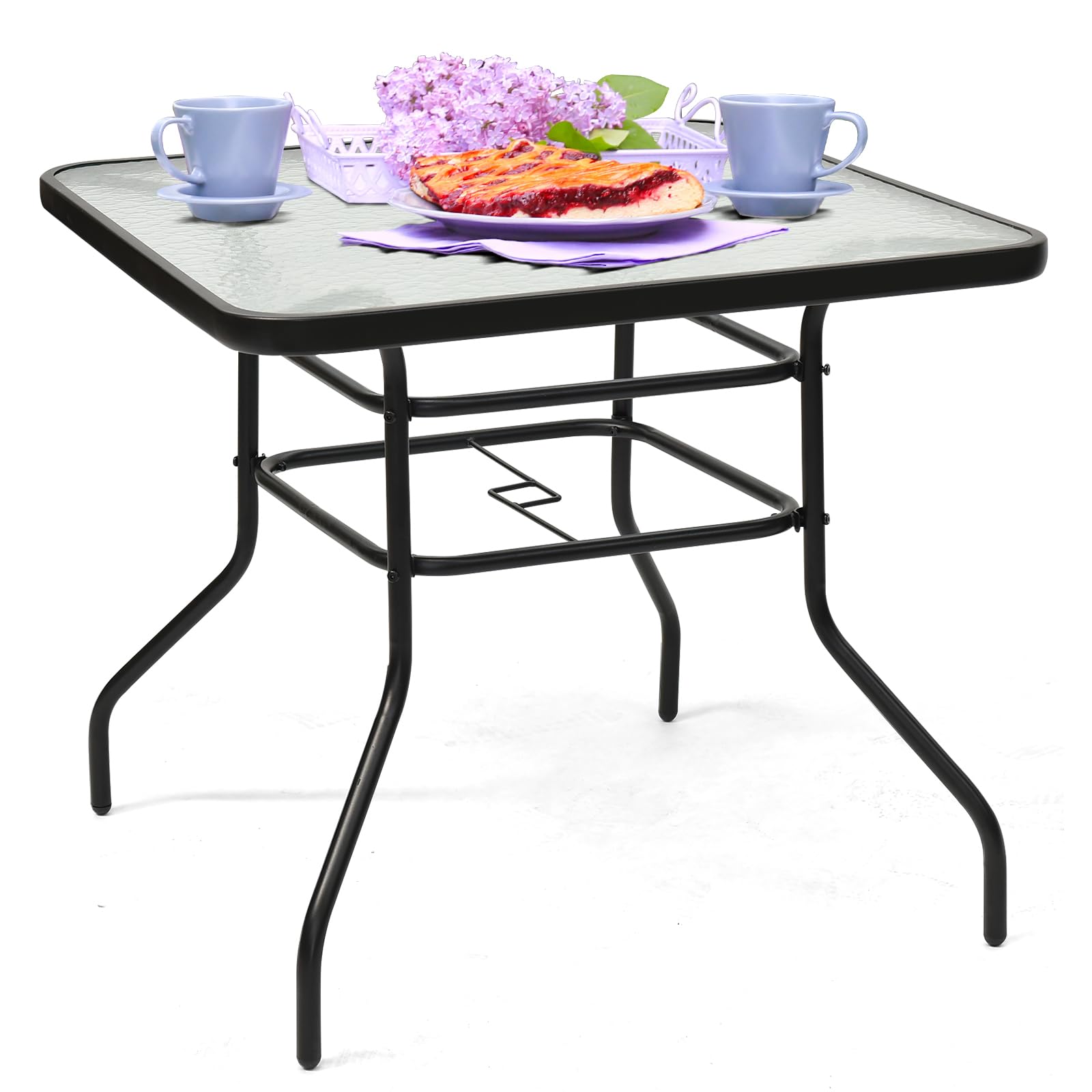 GOPLUS Mesa de Jardín con Orificio para Sombrilla, Mesa de Balcón con Tablero de Vidrio y Marco de Metal, Mesa Auxiliar Cuadrada para Terraza Patio Bistro, Carga 80 kg, 80x80x71cm