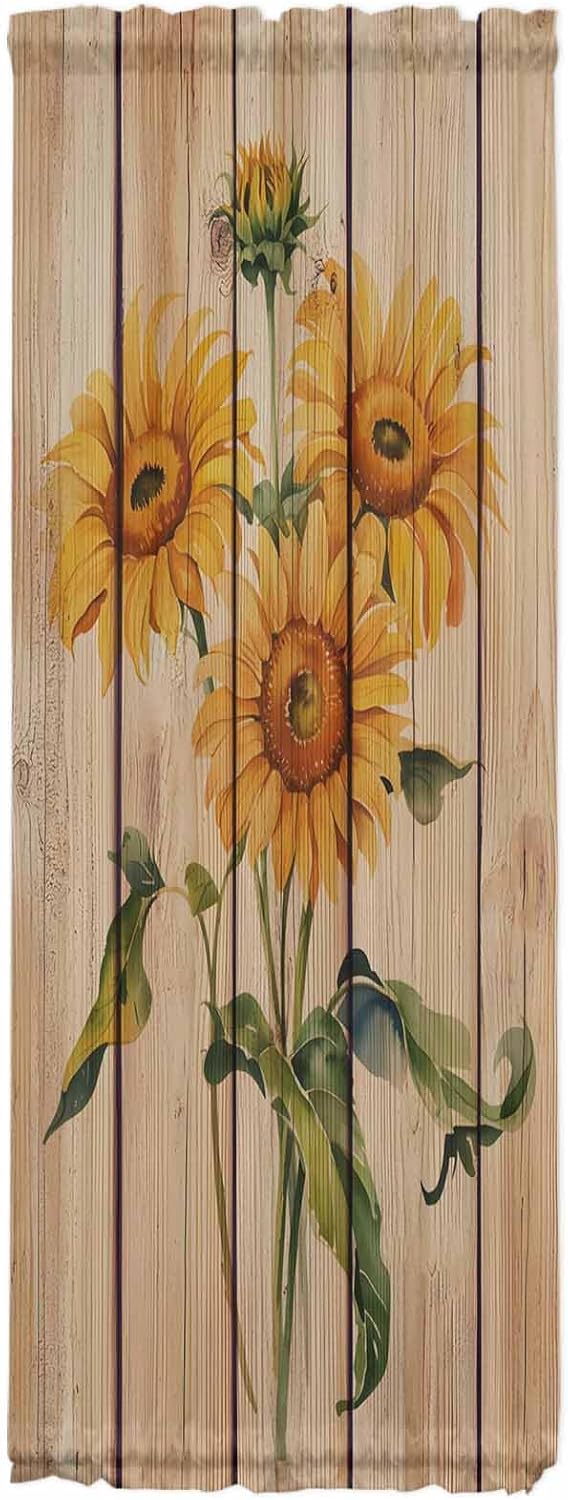 Sunflower Door Curtains 54x72 Inches, Rustic Wooden Board French Door Curtain Light Filtering Flowers Sidelight Curtains for Patio Door/Sliding Door/Outdoor