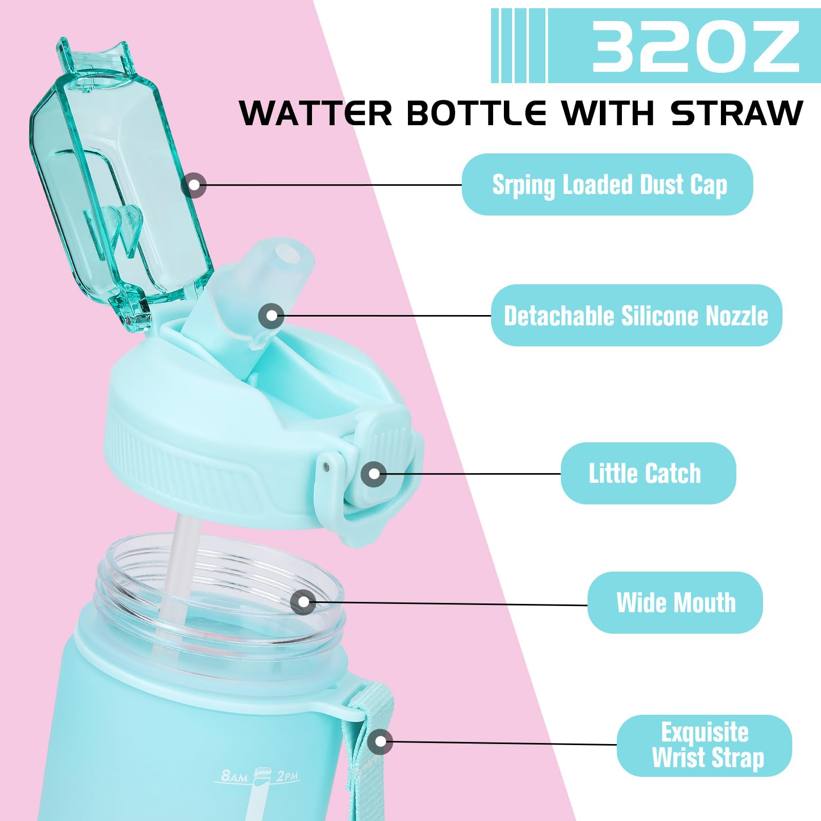 CodiCile Borraccia sportiva da 1 l, con cannuccia e tacche orarie, verde e rosa