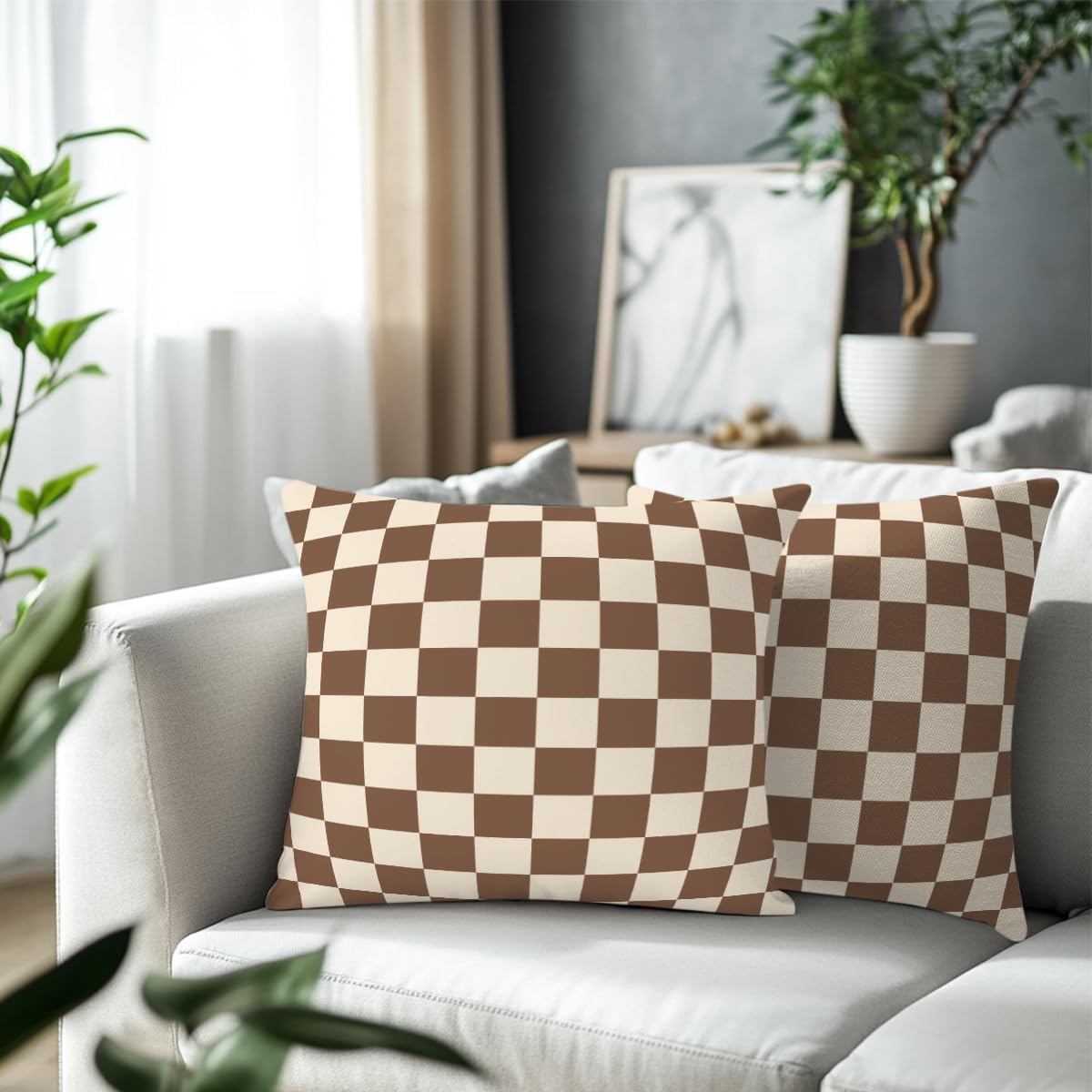 Brown Checkered Pillow Covers 18x18 Pack of 2, Classic Plaid Chessboard Design Throw Pillow Covers, Pillow Covers for Living Room Bedroom Home Sofa Couch Decor, Aesthetic Cushion Covers Pillow Cases - Image 3
