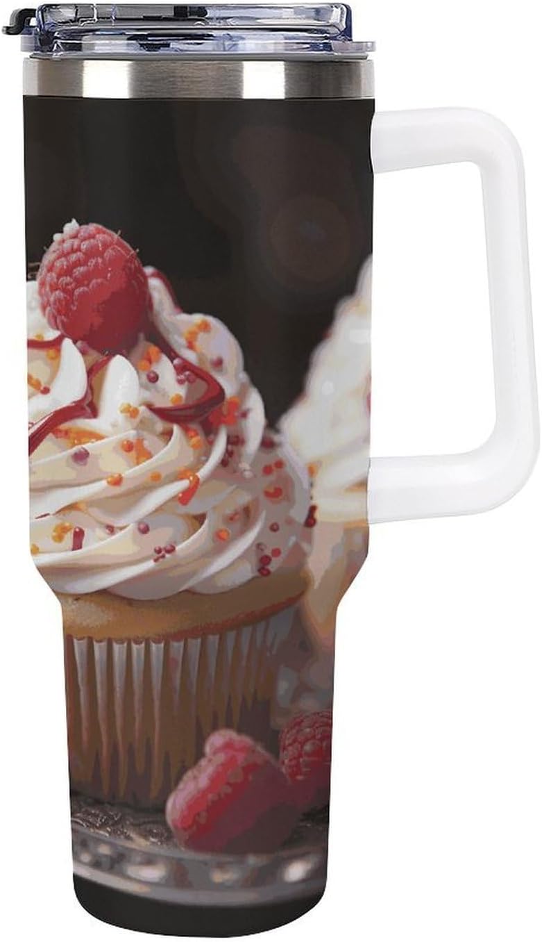 40 Oz Insulated Mug with Handle, Stainless Steel Cupcake Dessert Printed Travel Mug Portable Leak-proof Large Car Mug for Home, Office Or Car