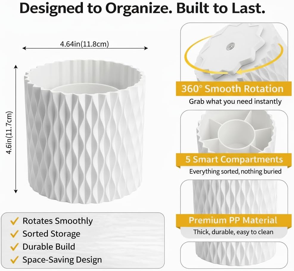White Pen Holder for Desk, 360° Rotating Pencil Organizer, 5 Slots image 4