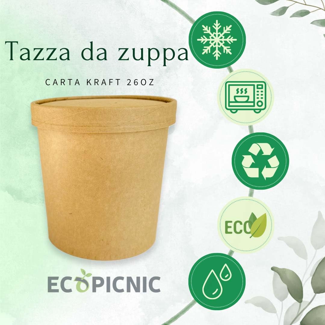 Ciotole in Carta Kraft 750 ml con Coperchio - Confezione da 50 Pezzi - Contenitori Monouso Biodegradabili per Zuppe e Alimenti da Asporto