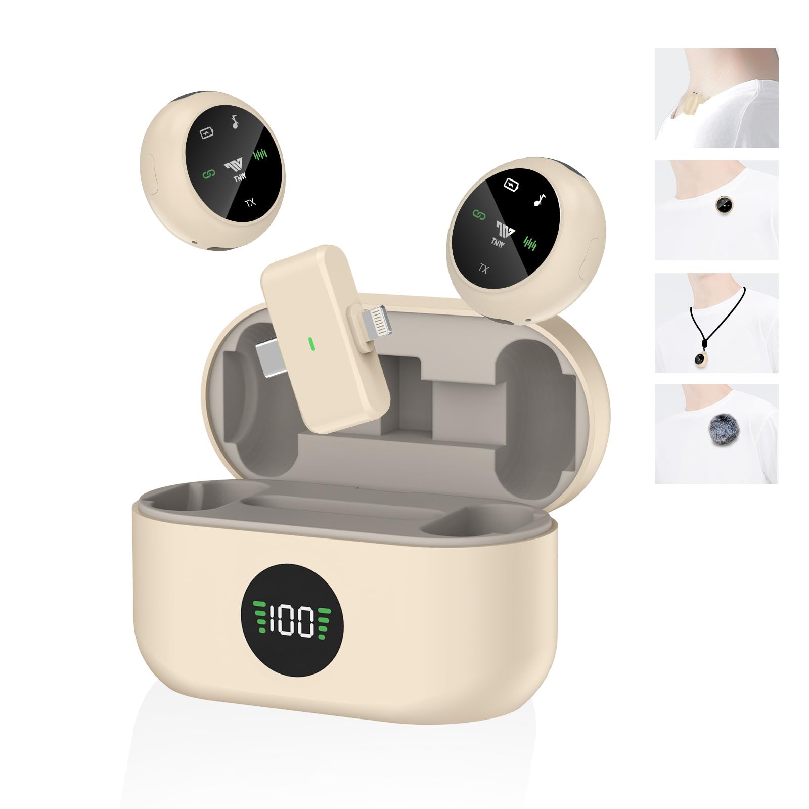 TNW A37 Wireless Lavalier Microphone for iPhone/Android, Lapel Mics with Lightning/USB-C Plug-Play, 50m Range, Wireless Mics for Video Recording, Interview, Podcast, Vlogging, Live and YouTube (Beige)