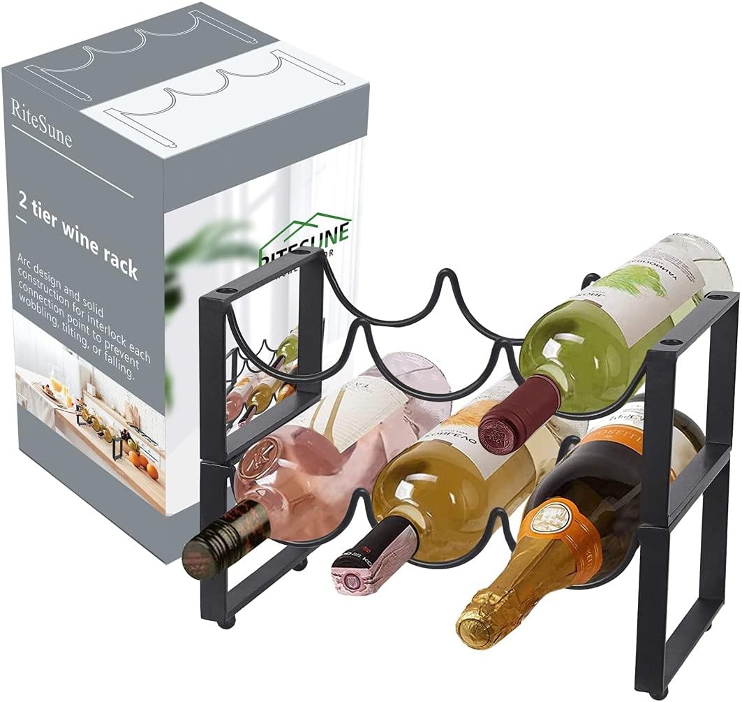 2 Tier Metal Wine Racks Countertop, Stackable Wine Bottle Storage Holder Free-Standing for Kitchen Pantry Cabinet, Hold 6 Bottles
