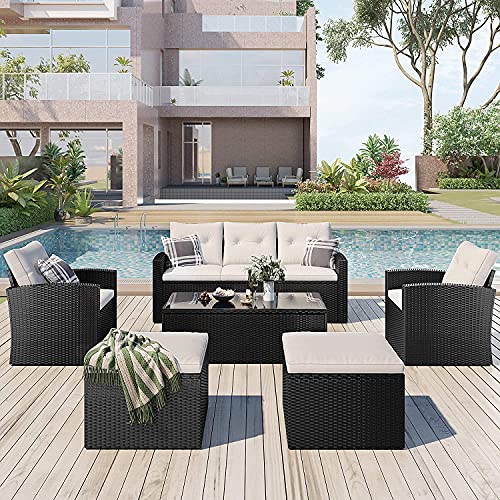 Image of Amazon Brand - Solimo Solara Outdoor 7 Seater Sofa Set | Balcony Sofa | Patio Furniture Sets | Conversation Sets | Wicker | Garden | Balcony | (Black & White)