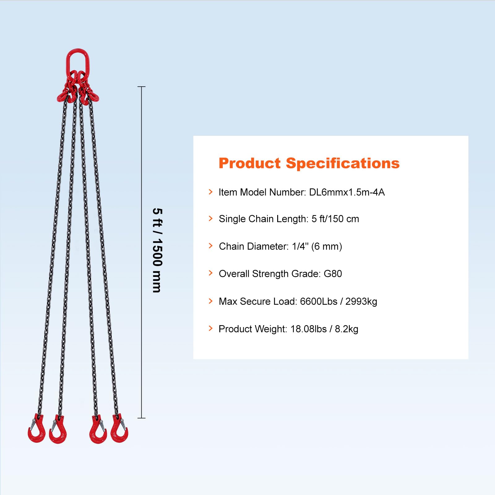 VEVOR Élingue Chaîne de Levage à 4 Brins avec Crochets et Ajusteurs, 6 mm x 150 cm, Capacité de Charge 2993 kg, Grade 80, pour Chariot Élévateur, Palan à Moteur, Quai, Chantier de Construction, Usine