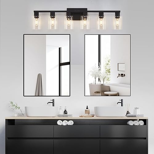 Miniatura 2 de Lámpara de tocador de baño, 4 lámparas, lámpara de tocador moderna negra, apliques de pared con pantalla de vidrio transparente para espejo de baño,