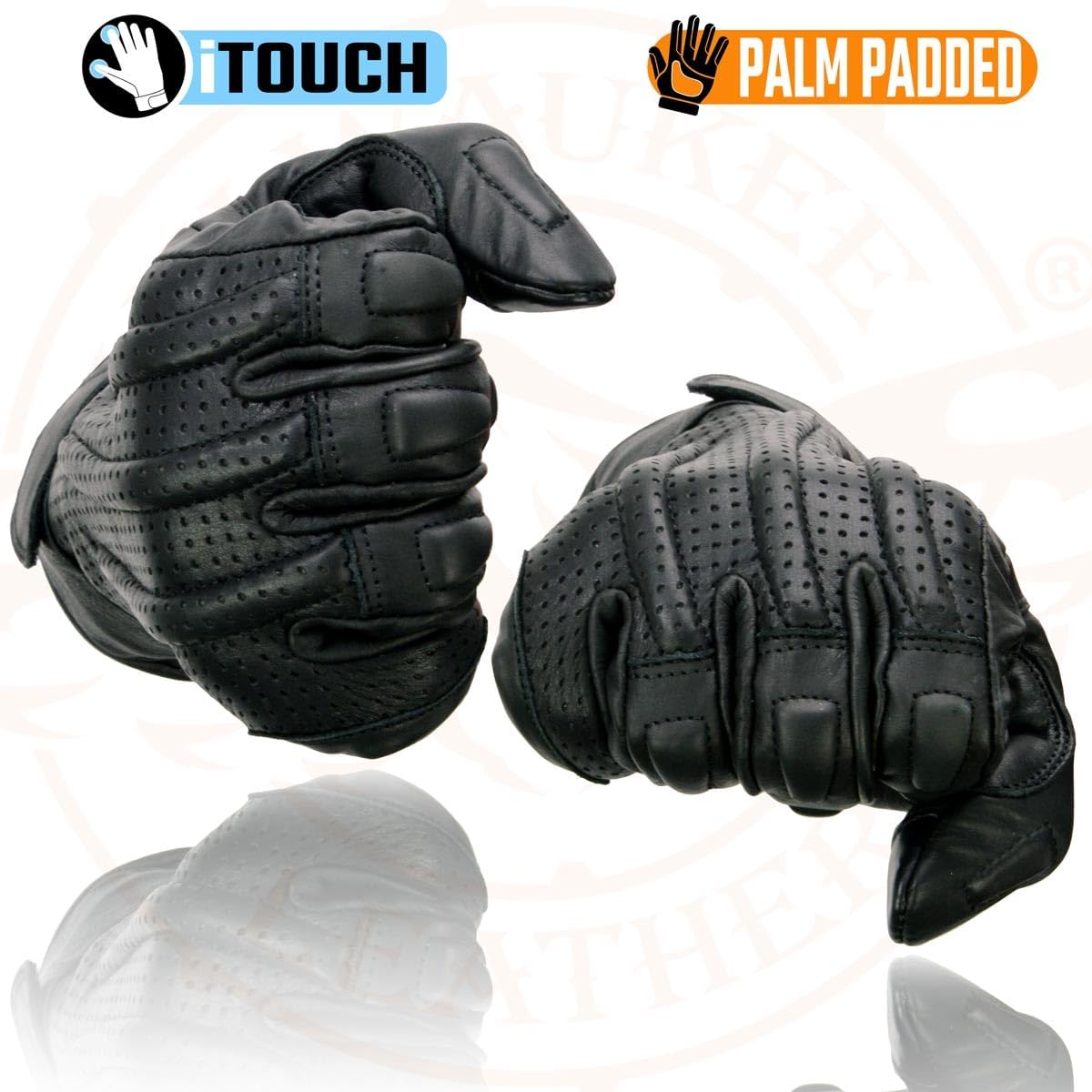 Milwaukee Leather MG7526 Men's Black Leather i-Touch Screen Compatible Gel Palm Racer Motorcycle Gloves w/Finger Protection