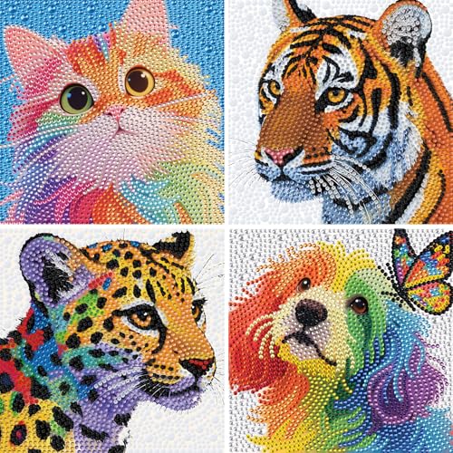 geesfayan 4 Pack Diamond Art Kit for Kids 6 Inch DIY Animal Gem Art with 4 Tools Sets Gem Painting for Beginners Creative Craft Gift for Teens & Kids(Tiger Leopard)