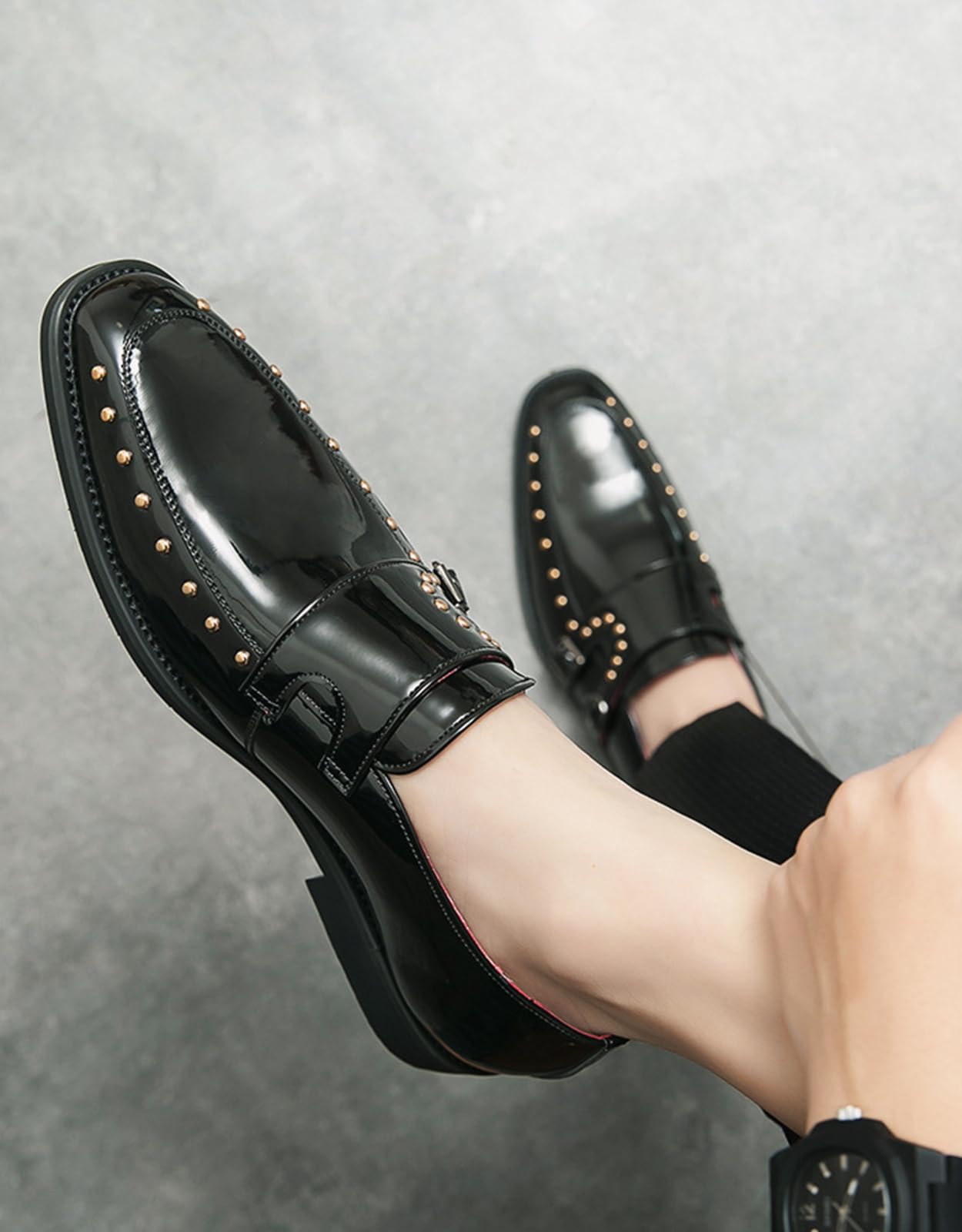 Zapatos De Vestir Brillantes De Hombre con Hebillas Dobles Y Tachuelas Mocasines para Fiesta Boda O Esmoquin Fáciles De Poner