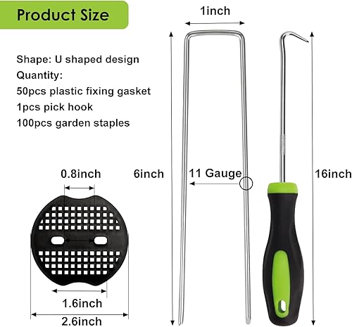 Miniatura 2 de CEWOR Juego de grapas de paisaje, 100 estacas de calibre 11 de 6 pulgadas y 50 juntas, gancho de selección de estacas de jardín galvanizado y