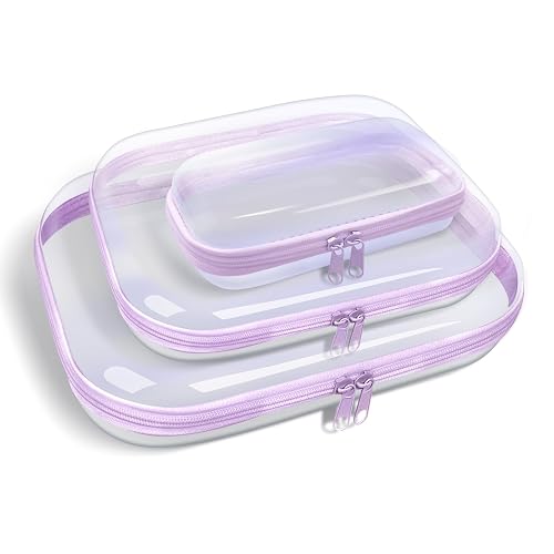 SXS LACONIC Clear Hard Plastic Zipper Case,Transparent Double Zippers Hard Pouch with 3pcs,Portable Travel Organizer Bin for Toy Storage - Laser-Purple - 3pcs-LMS