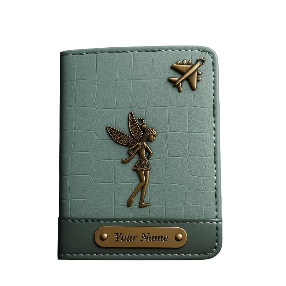 Personalized Passport Holder, Black Croc-Embossed Leather, Travel Theme and Charms & Custom Name Plate (Green)-image-37