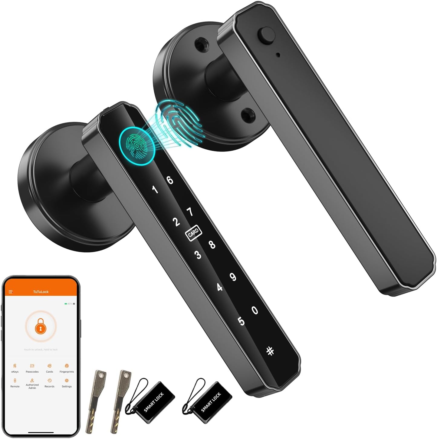 Fingerprint Door Lock, 5 in 1 Smart Door Knob with Passcode Keypad keyless Entry with Handle, Auto-Lock, Biometric Door Locks for Bedrooms, Office, Apartment (Black, APP)