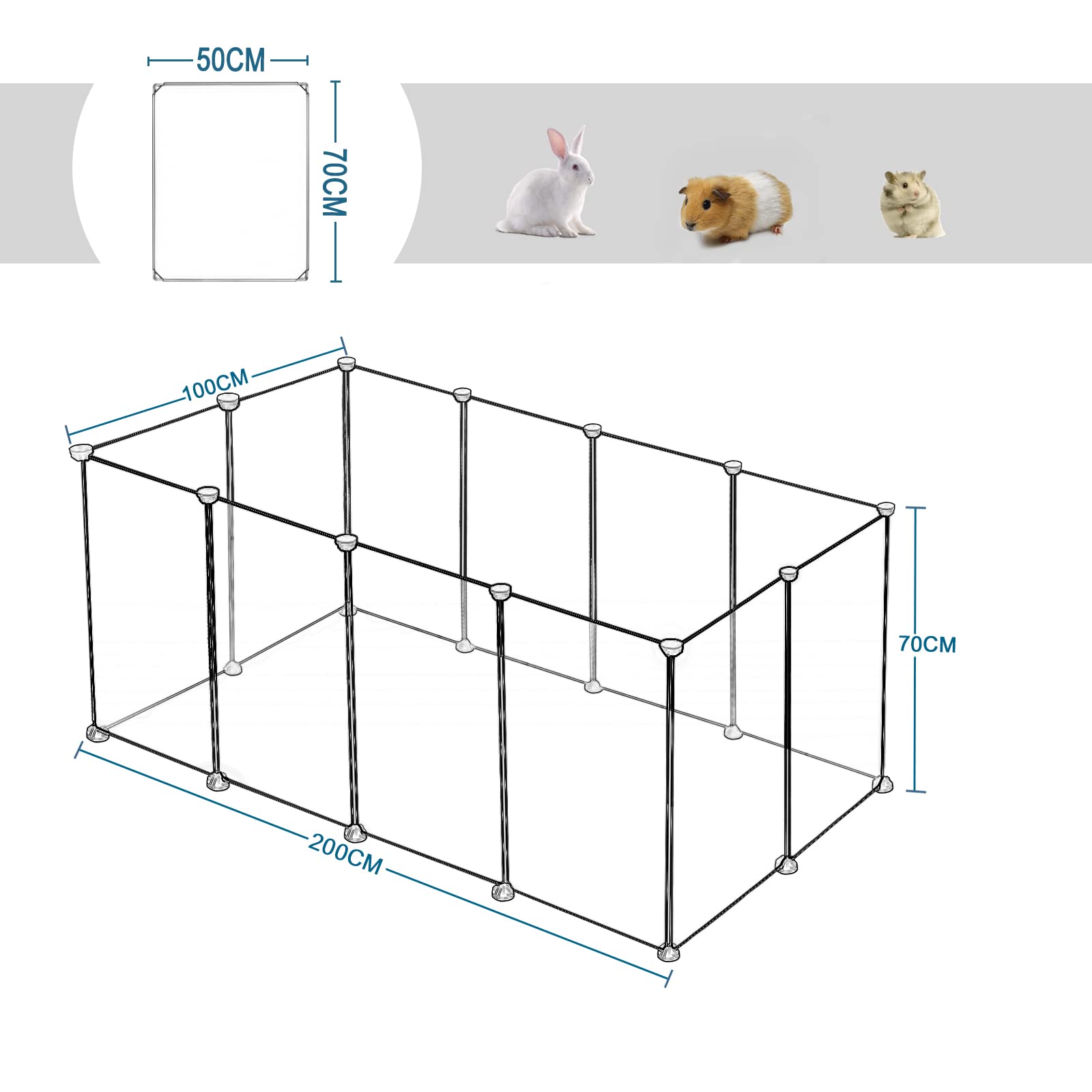 EUGAD Recinto per Piccoli Animali, 12 Pannelli 50x70cm Trasparente Recinto per Cani da Interno in PP, Gabbia Porcellino d'India, DIY Recinzione per per Conigli, Criceti, Cucciolo 200x100x70cm