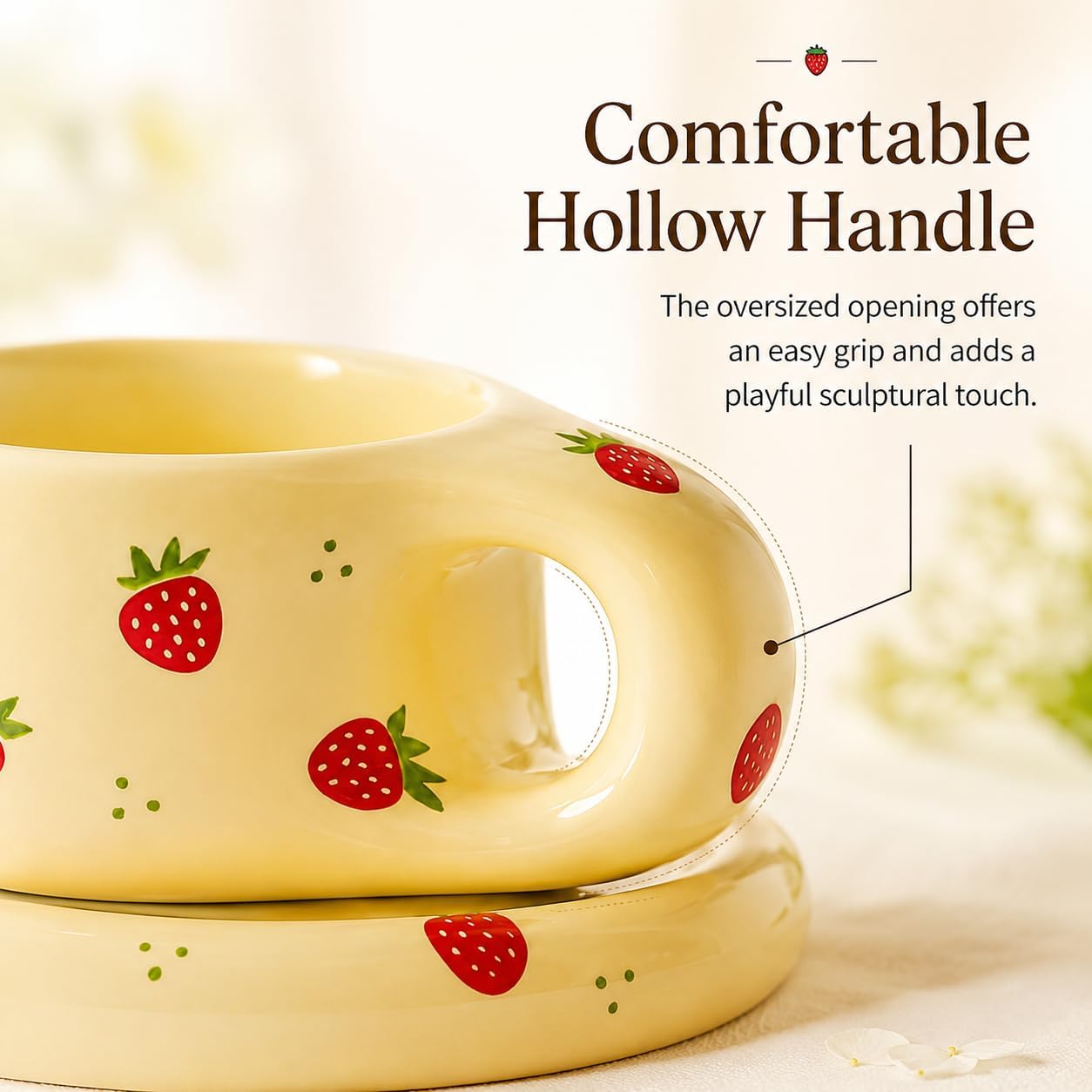 10oz Cream Strawberry Cup and Saucer Set | 10oz cream strawberry cup and saucer set, chubby ceramic mug, oversized handle, glossy print, microwave safe, gift cup
