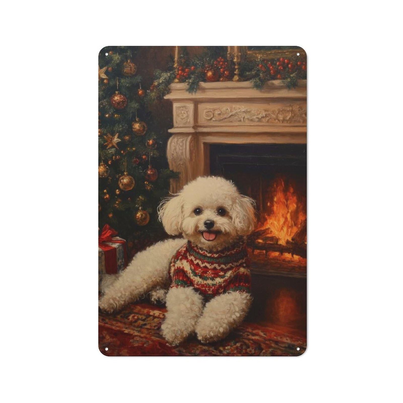 Junmoney Bichon Frise In Sweater Christmas Dog By Fir Metal Plaque 30X20cm With Eplace Painting For Hallway Wall, Rustic Decor, For Garage, Workshop And Man Cave Decoration