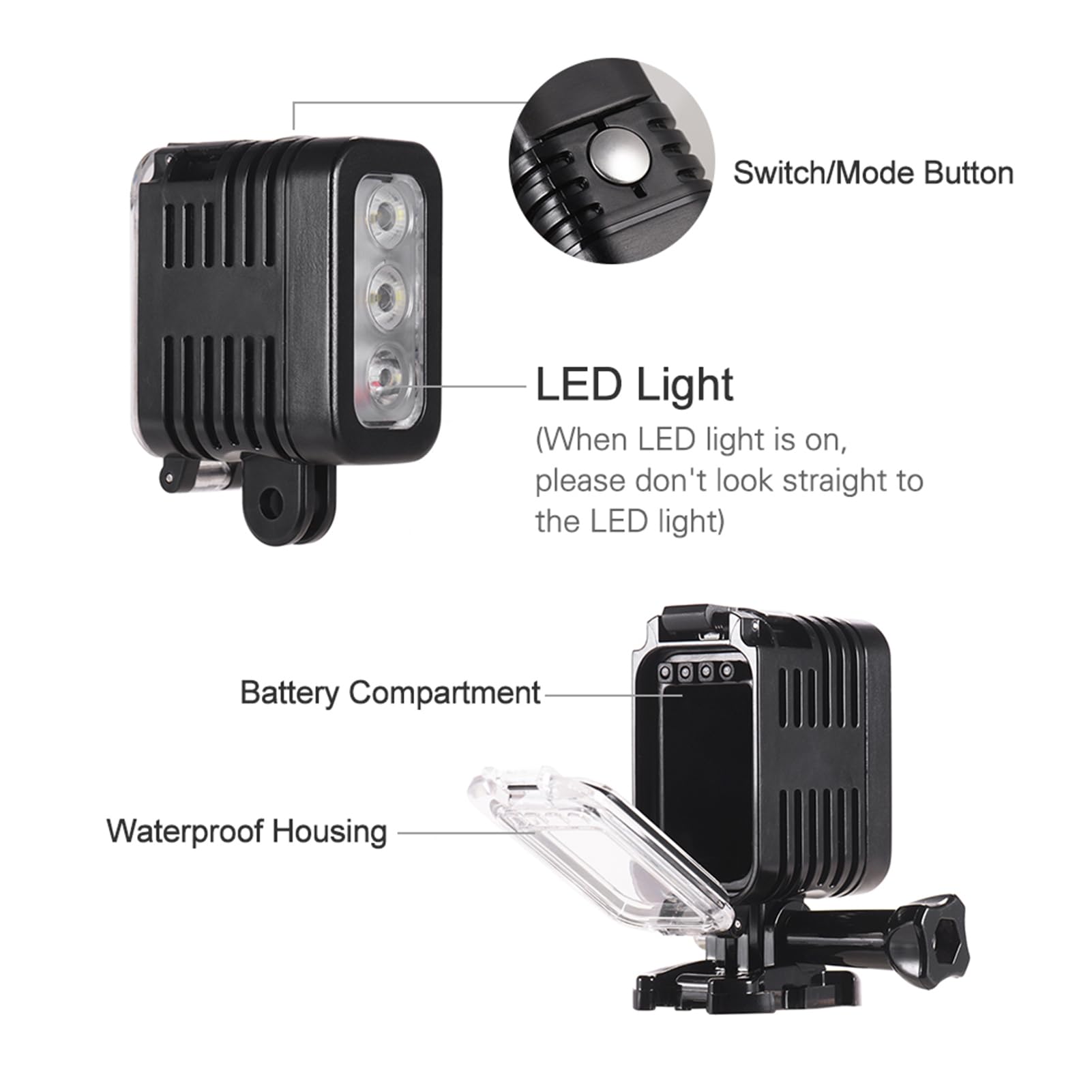 FILFEEL Luce Video a LED, Luce Subacquea Subacquea 5500 6000K 300Lux 30m Grandangolo con 6 modalità Luce, per Fotocamere Yi Action