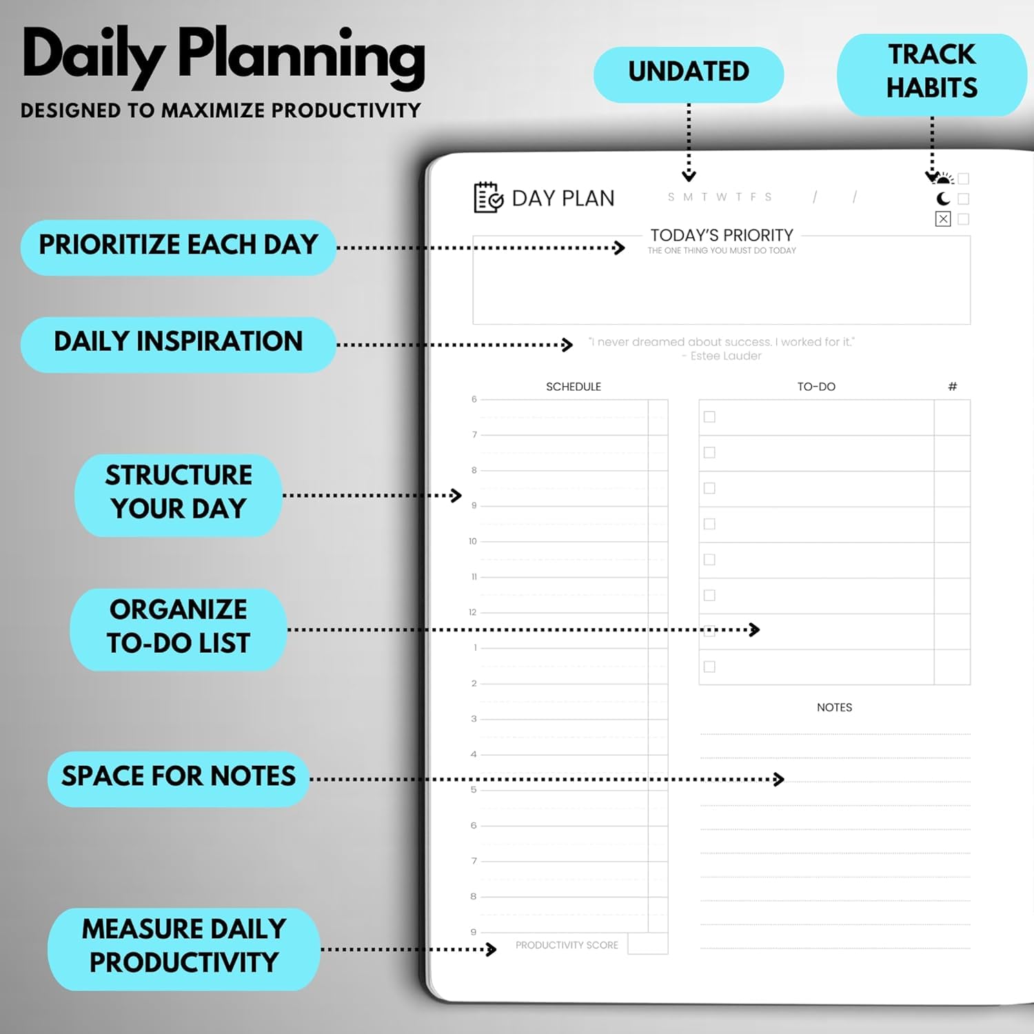Wyze Planner Agenda giornaliera non datata, organizer per la produttività di 3 mesi, formato A5, con pagina intera al giorno, programma orario, impostazione obiettivi, tracker abitudini, pagine