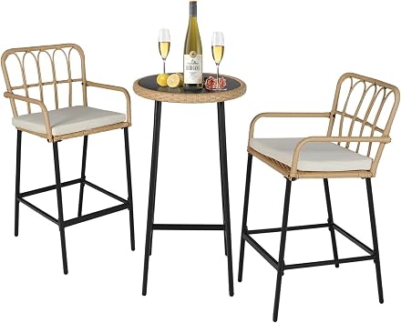 ENSTVER 3-Piece Patio Rattan Bar Set,Outdoor High Top Table and Chairs Set | Cushions&1 Tempered Glass Bar Table,Patio Bistro Dining Bar Set for Backyard, Garden, Balcony