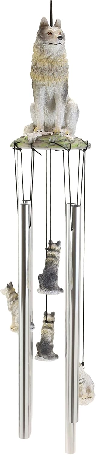 Ebros Realistic Sitting Lone Gray Wolf Hand Painted Sculptural Wind Chime Resonant Relaxing Patio and Garden Wine Chimes Mobile Decor of Wolves Timberwolves Direwolf