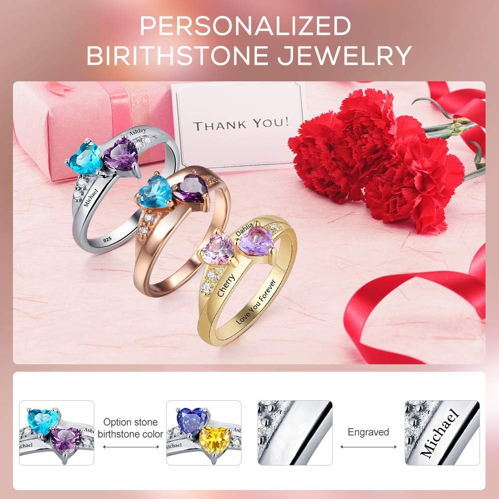 Personalized 2 Hearth Birthstone Rings for Mom - Custom Names Mother's Day & Promise Rings
