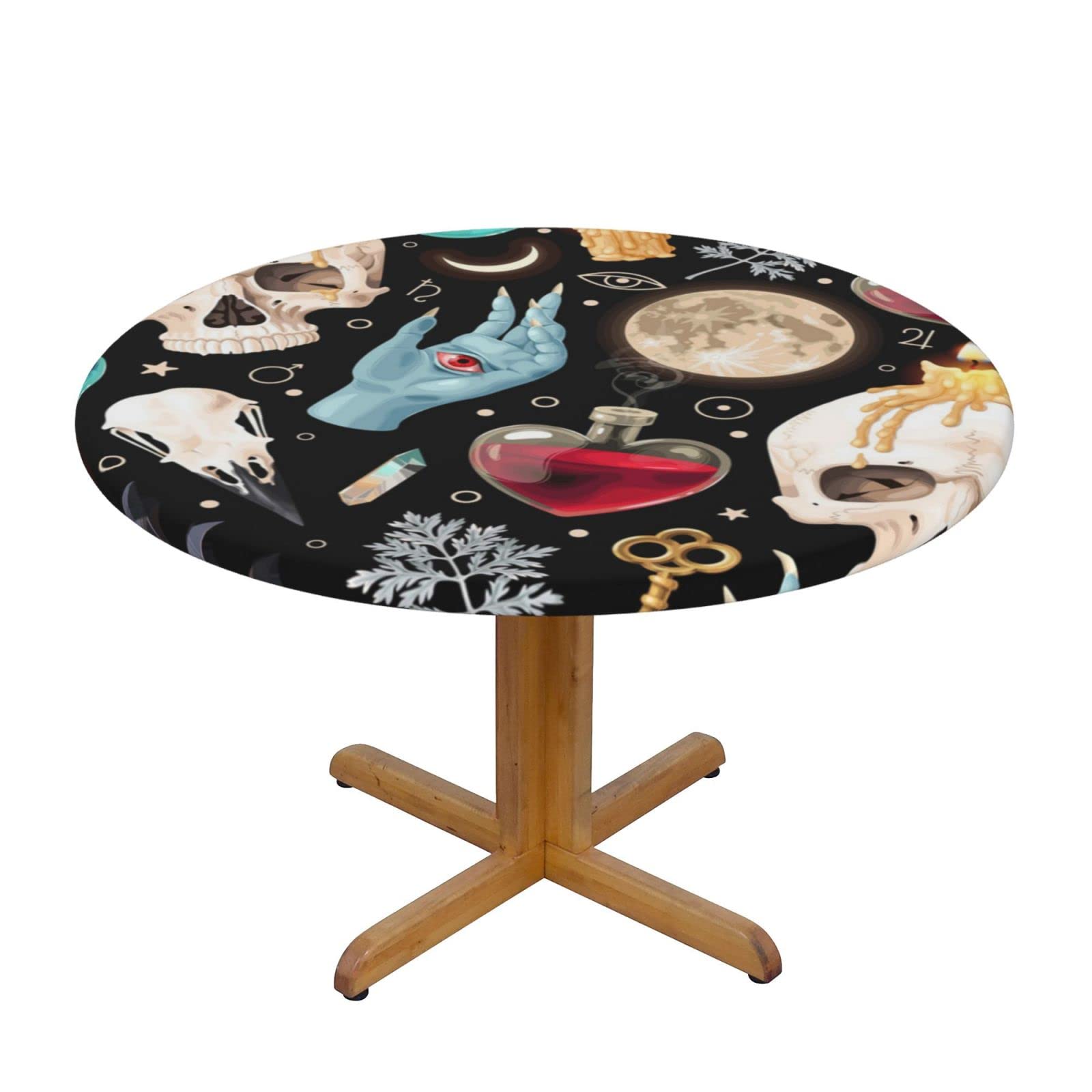 Lsjuee Round Fitted Tablecloth 40-44in Elastic Edged Table Cloth for Kitchen Dining Party Home Decor - Witchcraft Divination Death Skull